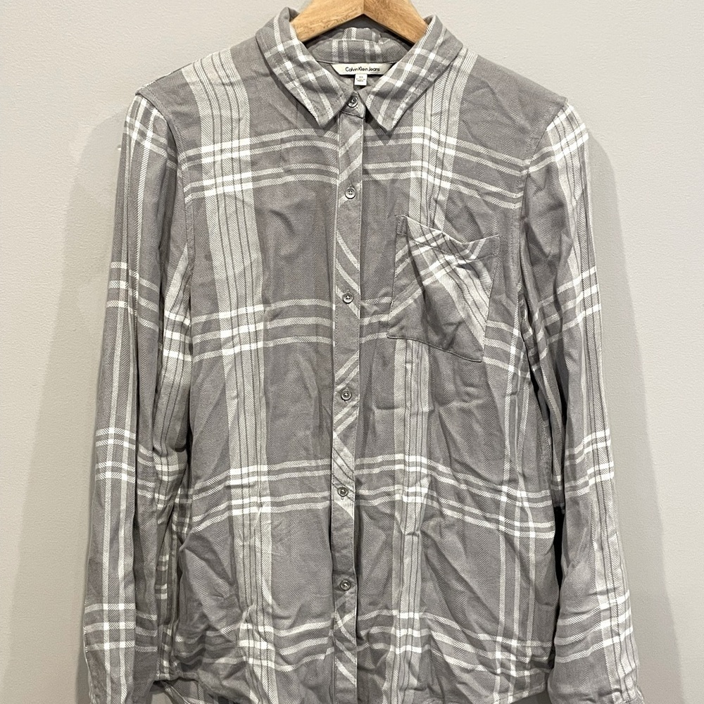 Calvin Klein Jeans Gray Plaid Long Sleeve Button Down Shirt Size M